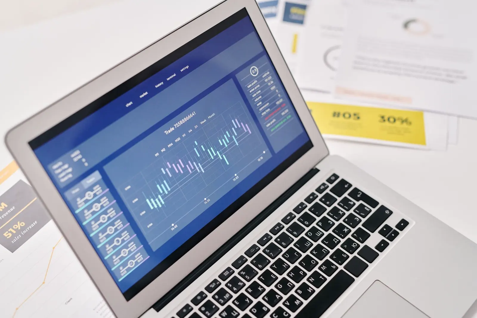 Laptop with business graphs and documents